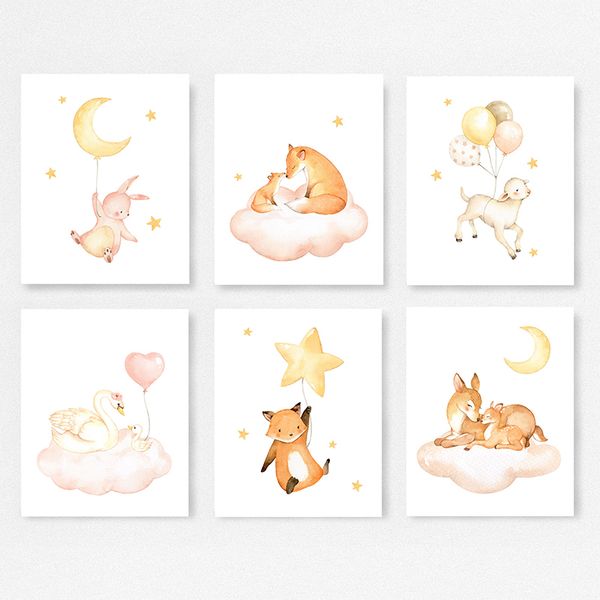 

bear rabbit sheep stars moon nursery wall art canvas painting nordic posters and prints wall pictures girl boy kids room decor