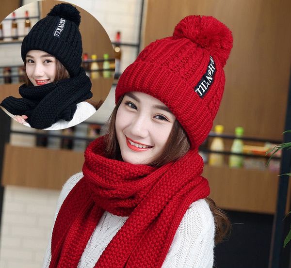 

fashion hat scarf winter warm woolen hat scarf two-piece suit plus velvet thick woolen hat women, Blue;gray