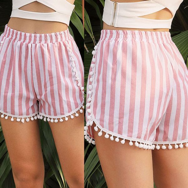 

summer casual shorts women beach tassel stripes print short pants ladies elastic high waist loose shorts, White;black