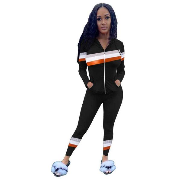 

designer women 2 piece tracksuits hoodies striped panelled full zipper +pants suit autumn hooded sportswear women clothing female sets, Gray