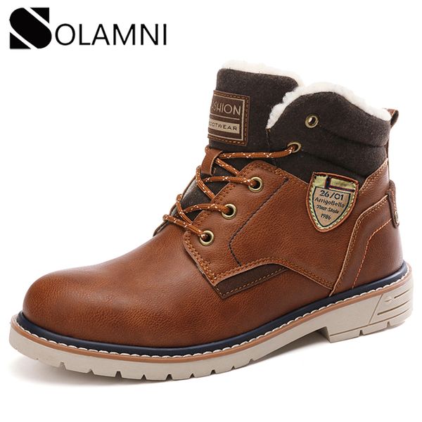 

vintage winter men boots leather warm fur snow boots mens waterproof ankle high men shoes platform motorcycle 45, Black