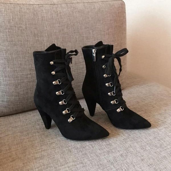 

winter shoes women kid suede mid calf women boots spike heels pointed toe sheepskin lining boots zapatos de mujer, Black