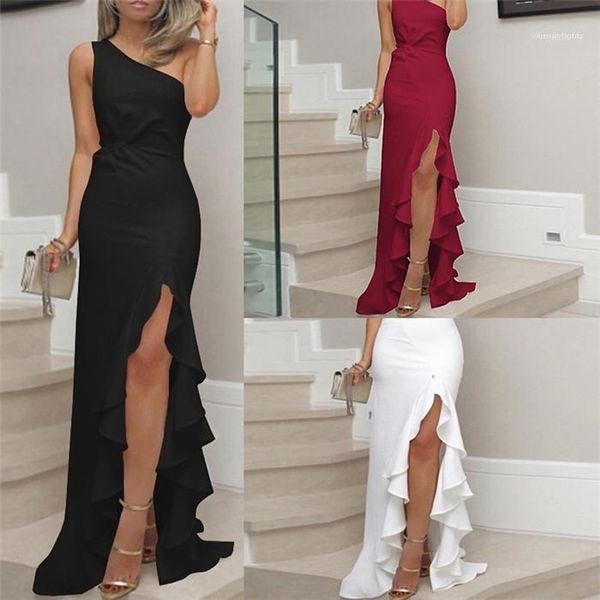 

bodycon dress ladies ruffle high split dress summer designer womens one shoulder knot pleated panelled party dresses females ol, White;black