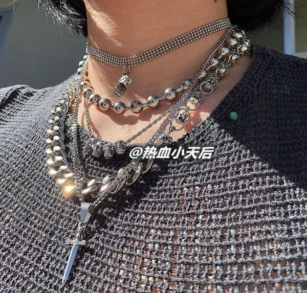 

europe and the united states the same wild vintage skull beaded necklace chain simple clavicle chain pendant necklace fashion, Silver