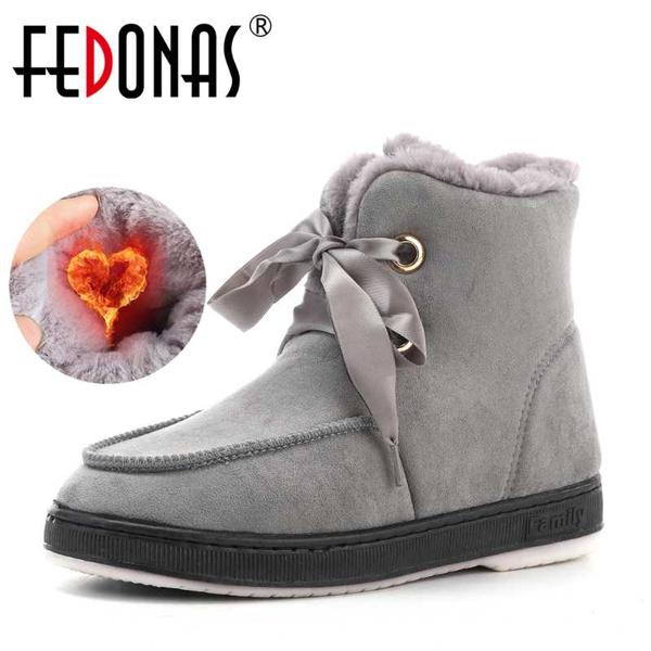 

fedonas fashion warm women snow boots suede leather butterfly knot thick heels shoes for women basic party shoes woman, Black