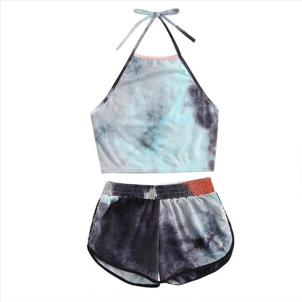 

women tracksuit 2pcs set summer women tie dye halter suit sleeveless backless crop shorts drop shipping, Gray