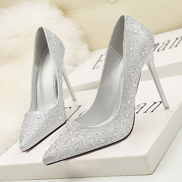 

sandals korean fashion, sweet and elegant, stiletto high heelsshallow mouth, thin, pointed toe color diamond rhinestone single shoes, Black