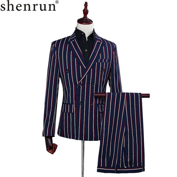 

men's fashion slim fit suits blue stripe blazer pants two piece double breasted grooms men casual wedding prom stage skinny suit, White;black