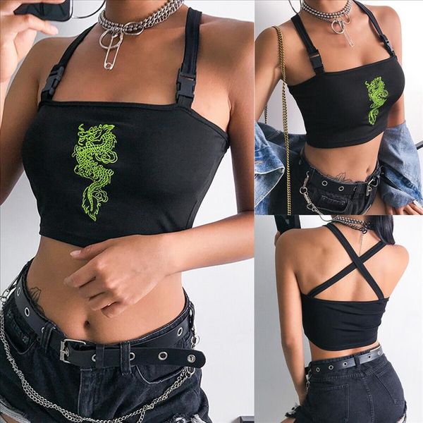 

fashion women summer new design buckle vest boob tube crop bralet sheer dragon embroidery stylish cami tank top, White