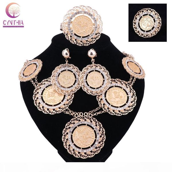 

fashion italian dubai abaya long jewelry sets gold coins women african gold-plated crystal wedding costume necklace earrings set, Black
