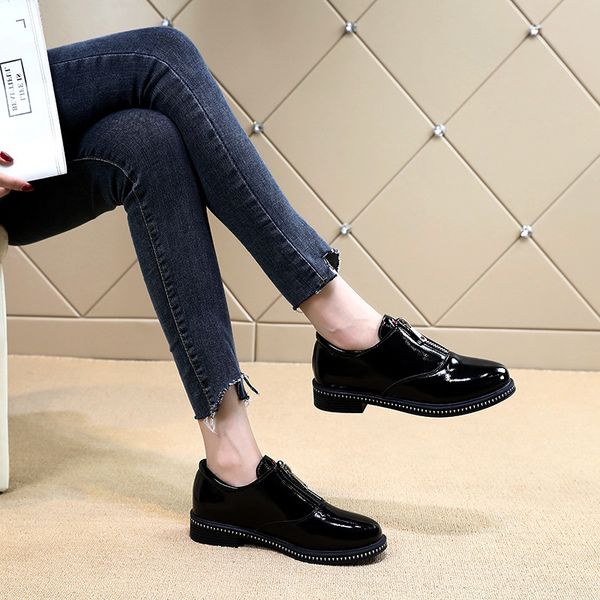 

oxfords fashion women shoes woman solid patent leather casual shoes for women flats plus size platform slip on zip ladies, Black