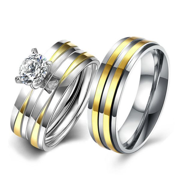 

couple rings women 1ct round cut cubic zirconia wedding ring sets men stainless steel stripe ring band wedding rings yolo jewels, Slivery;golden