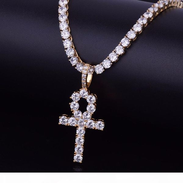 

hip hop iced zircon ankh cross pendant with 4mm tennis chain necklace set micro pave cz stones men jewelry, Silver
