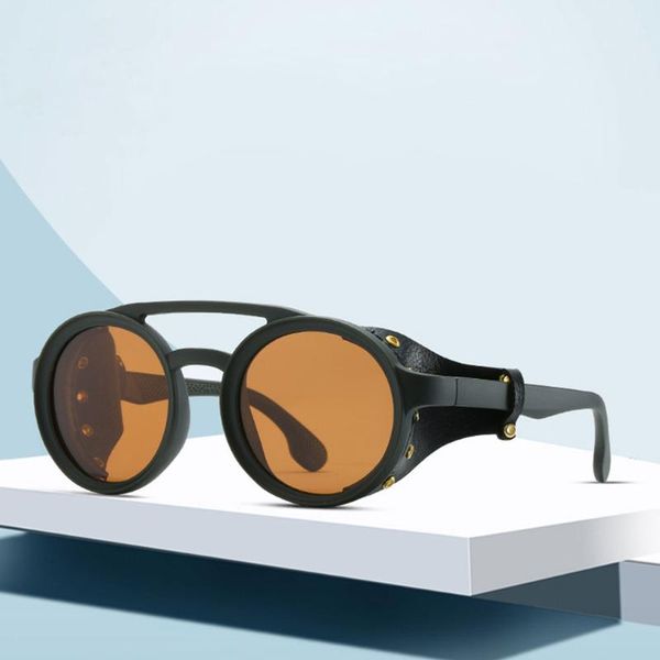 

2020 new retro vintage round polarized punk steampunk sunglasses for men leather side shield male sun glasses, White;black