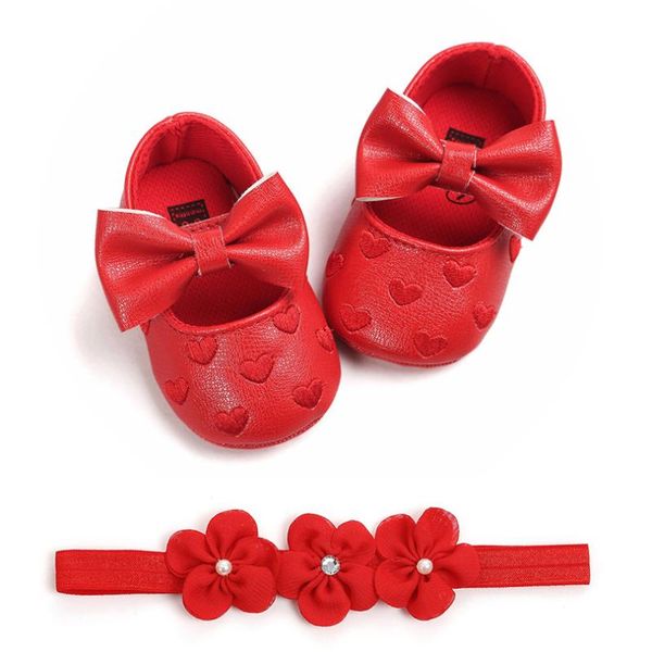 

first walkers infant baby girls heart-shaped embroidery bow leather shoes fashion soft sole non-slip toddler shoe with hairband set 0-18m a2