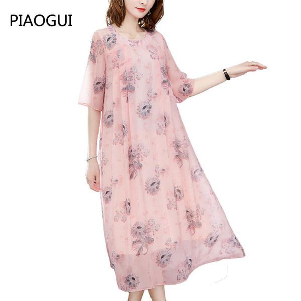 

faux silk dress pink sweet women clothes 2020 new summer dress fashion loose office lady casual printing costume women dresses, Black;gray