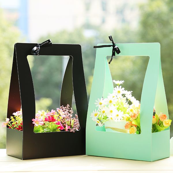 

flower basket paper carton 5pcs portable flowers packing box waterproof florist fresh flower carrier bag in green black pink