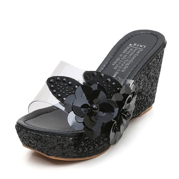 

swyivy slippers women summer shoes wedges platform flat slippers sequins transparent fish-mouth slides women outside beach shoes, Black