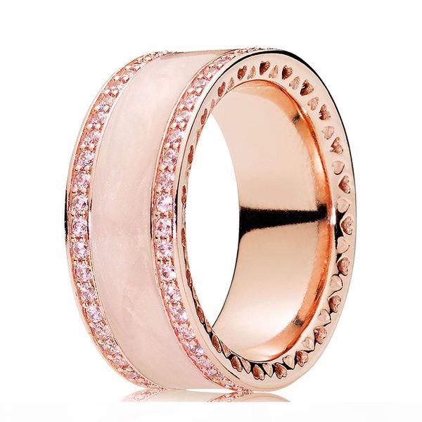 

18ct rose gold plated over 925 sterling silver cream enamel & clear cz ring fit pandora charm jewelry engagement wedding lovers fashion ring