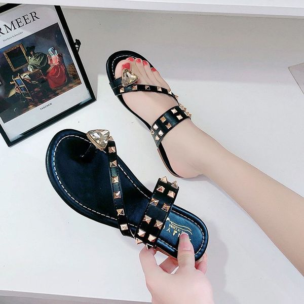 

slippers female summer new soft bottom rivets non-slip fashion wild flat bottom rhinestone sleeve toe wear sandals female, Black
