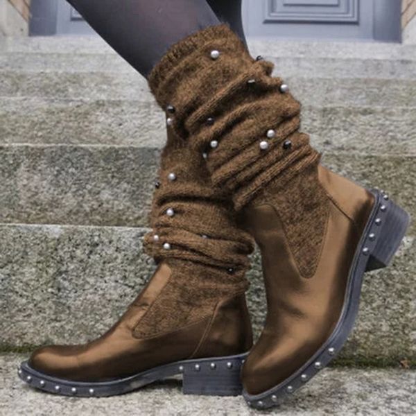 

boots 2021 autumn winter vintage women large size wool sock female flat heel knee high botines zapatos de mujer, Black