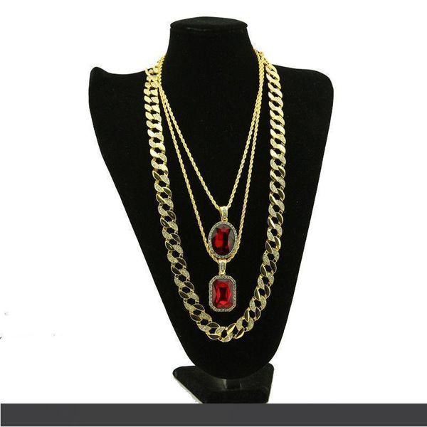 

2020 men's gold plated hip hop necklace cz ruby bling combo set rope foxtail chain 2pcs ruby pendant with 1pc chain, Silver