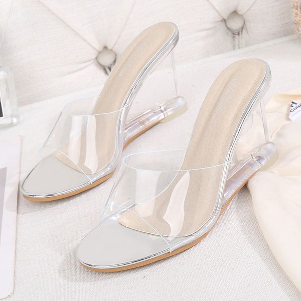

summer transparent wedge heel sandals crystal open toe pumps casual wedding party dress ladies shoes with heels, Black
