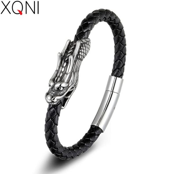 

xqni neo-gothic style dragon snake chain veins leather charm bracelet alloy buckle fine jewelry for men birthday gift, Golden;silver