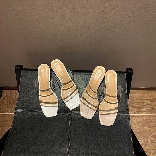 

transparent crystal square heel princess toe thick heel slip wear-resistant sandals and slippers women 2020 new style, Black