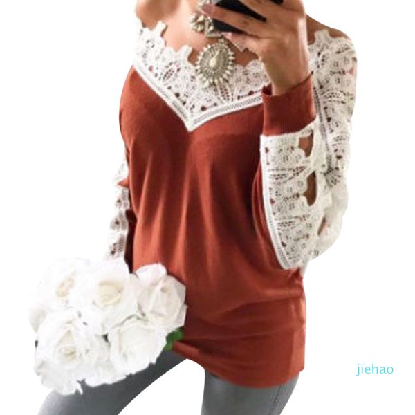 

fashion- women lace patchwork t-shirt deep v neck long sleeve loose t shirt casual spring autumn ladies solid slim tshirt, White