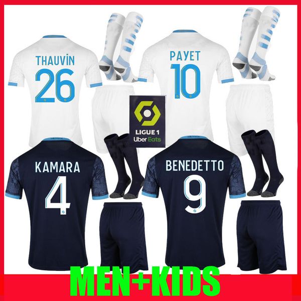 

kit 20 21 olympique de marseille soccer jerseys om 2020 2021 maillot de foot kamara benedtto thauvin payet man kids set football shirt, Black