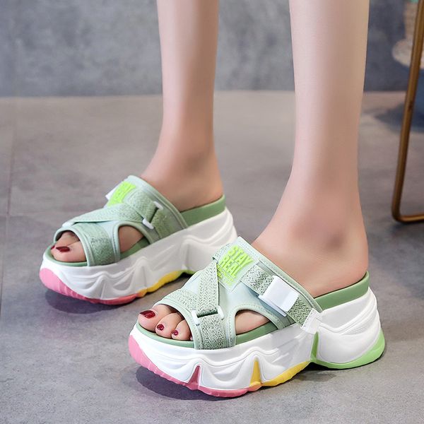 

dropshipping women summer outdoor slippers 2020 new chunky platform sandals peep toe thick bottom wedge slides woman beach shoes, Black
