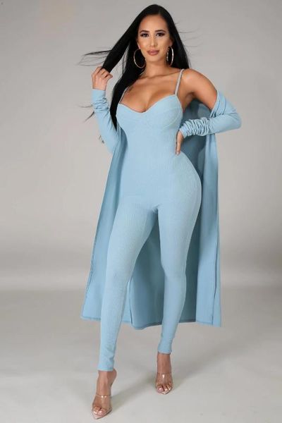 

felyn 2020 new arrival 2 pcs women set solid x-long outwear spaghetti strap jumpsuits outfits, Gray