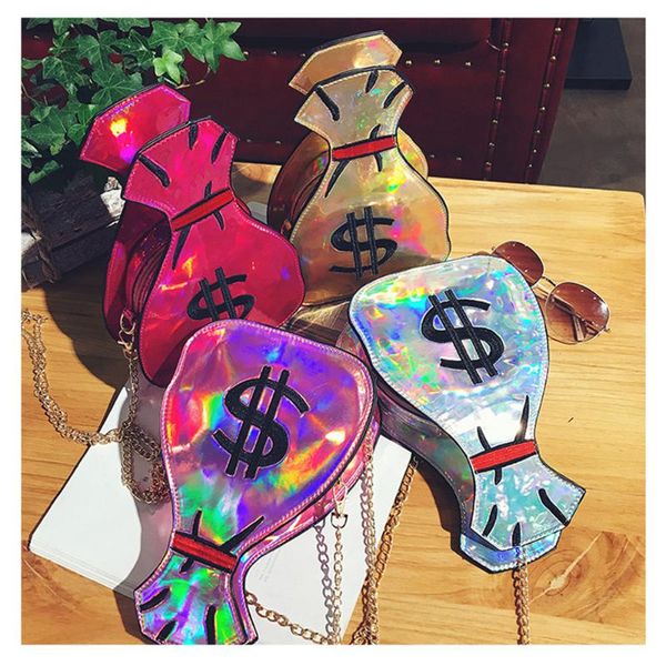 

new creative embroidery diagonal shoulder mini bag laser wallet metal fashion chain reflective bag