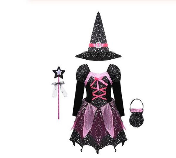 

kid girls halloween witch costume sparkly silver stars printed carnival cosplay dress with pointed hat wand dress up clothes, Blue