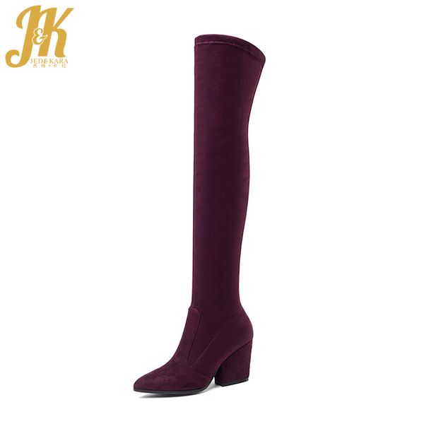 

boots jk latest fashion stretch over knee boot women pointy toe thick high heels shoes winter lady thigh big size, Black