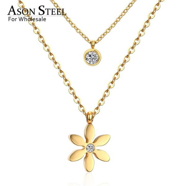 

asonsteel flower necklaces stainless stainless steel double chain jewelry gold/silver color round cubic zironia choker necklace