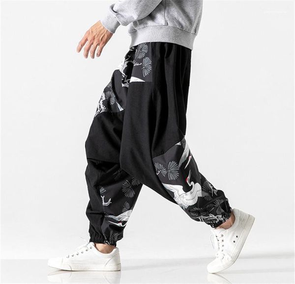 

printed mens pants fashion chinese styles harem pants loose street hiphop mens long pants designer crane, Black