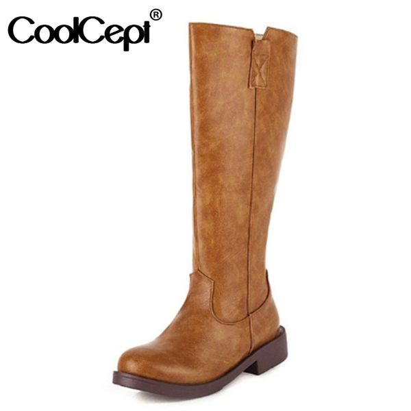 

coolcept women knee high boots zipper flat heel women winter long boots fashion winter shoes footwear size 35-43, Black
