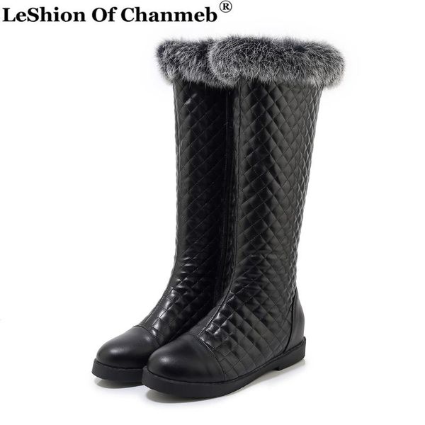 

fashion warm fur winter snow boots for women size 33-43 zipper flats quilted boots female knee high shoes footwear, Black