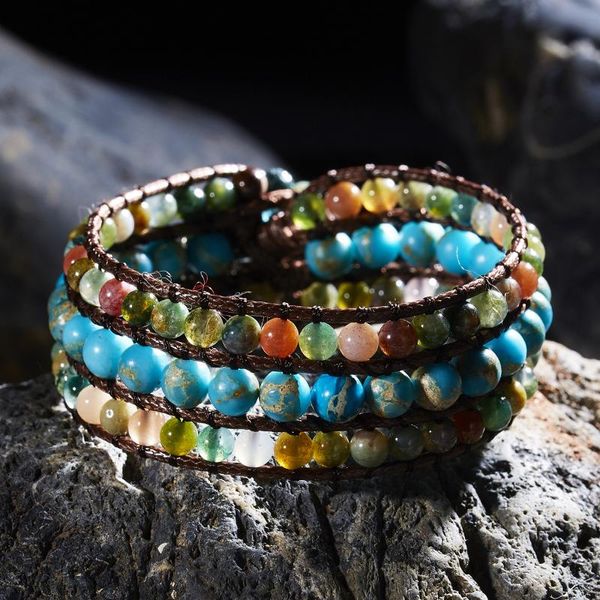 

vintage handmade braid bracelets colorful natural stone leather wrap beads bracele for women multilayer boho bangle jewelry gift, Black
