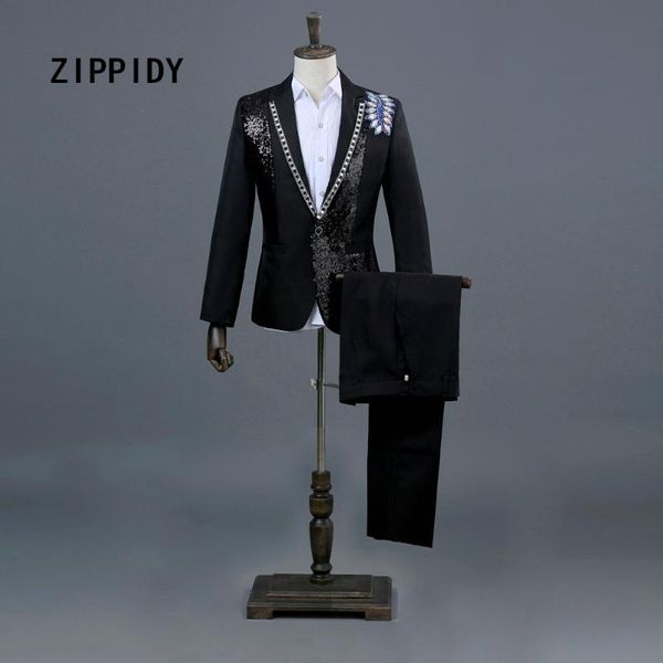 

multicolor rhinestones sequins men black or white suit (jacket+pant) nightclub host male singer stage prom show blazer costume, White;black
