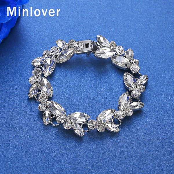 

anklets minlover silver color marquise shape crystal bride charm bracelets wedding jewelry leaf link chain women bangles bracelet msl370, Red;blue