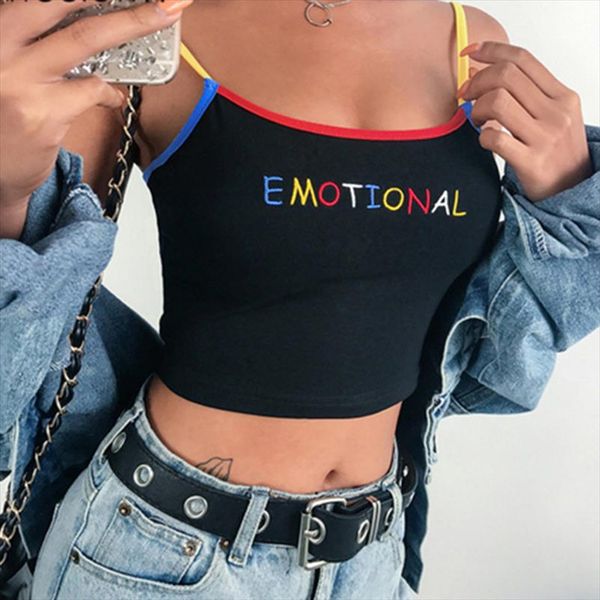 

2020 лета женщина crop top обрезанного дамы спагетти ремень упругих бретели sexy эмоциональное tops письмо вышивка tank, White