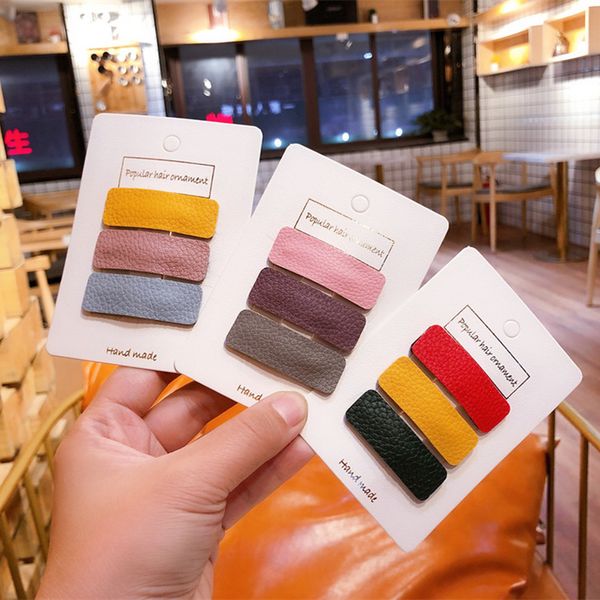 

3 pcs korea simple children's bb clip headwear girl baby soft leather square hairpins little princess fashion hair accessories, Slivery;white