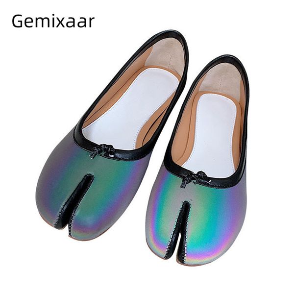 

spring casual shoes woman unique split toe slim shallow flat heel ballet flats round toe reflective color women shoes, Black