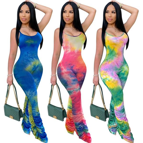 

slim stacked pants jumpsuits casual sleeveless patchwokr color designer woman clothing dropshipping women rompers tie-dye, Black;white