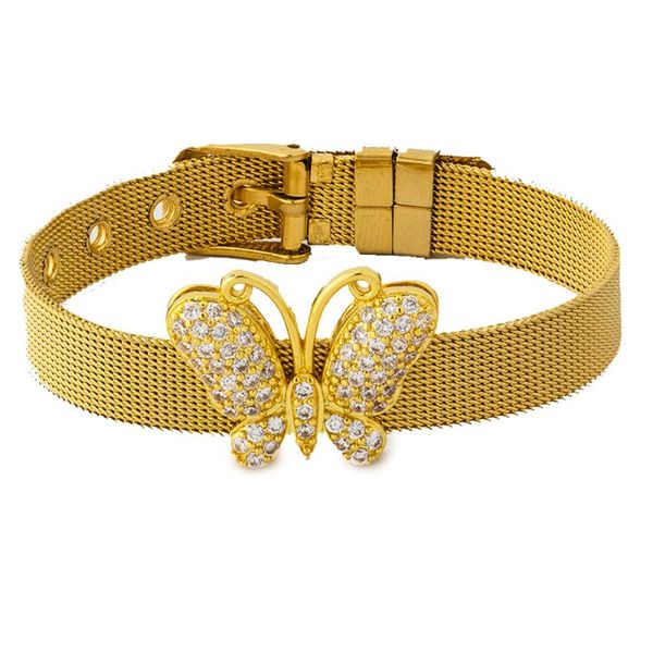 

gold color butterfly bead bangle adjustable stainless steel mesh watch belt buckle bracelet zirconia rhinestone for women girls, Golden;silver
