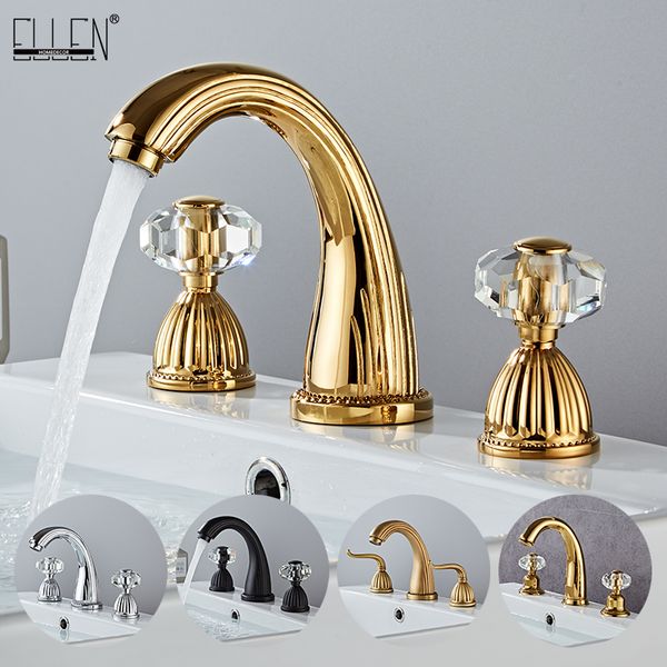 

bathroom sink faucets gold golden widespread faucet double cystal handle three hole wash basin tap cold mixer elf1516g