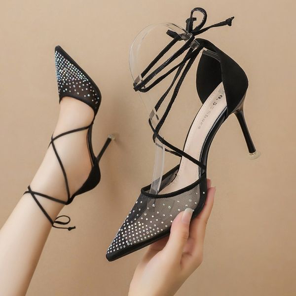 

fashion pointed toe lace mesh high heels sandals women blings diamond luxury women shoes designer cross strap 2020 summer new, Black